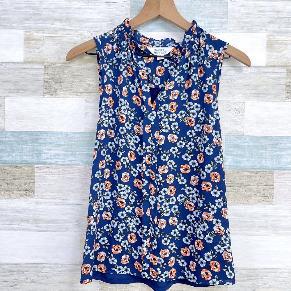 Market & Spruce Ruffle Split Neck Blouse Blue Floral Sleeveless Office Womens XS
